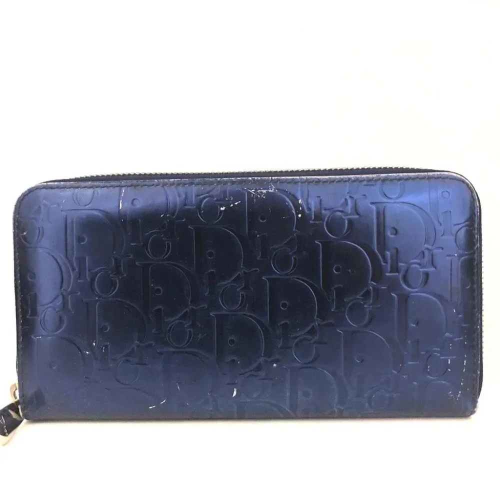Christian Dior Oblique Trotter Patent Leather Zippy Long Wallet Blue/3BA0610